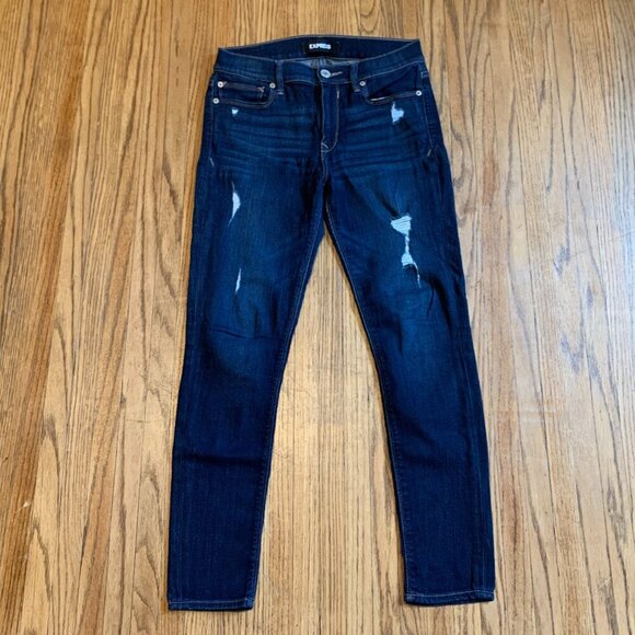 Express Dark Wash Legging Mid Rise Stretch 4s 4c Distressed Hole Blue Skinny - Picture 2 of 11